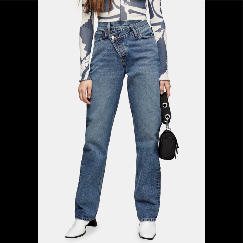 Topshop Mid Blue Wrap Over Dad Jeans